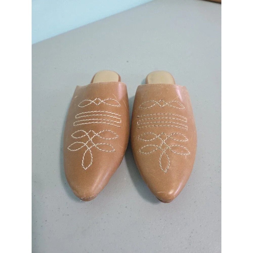 Anthropologie Pointed Toe Western Slides Honey Leather Sz 36